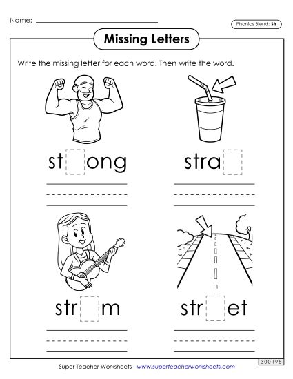 Worksheets - Missing Letters (Str- Words) (Printable PDF Worksheet)