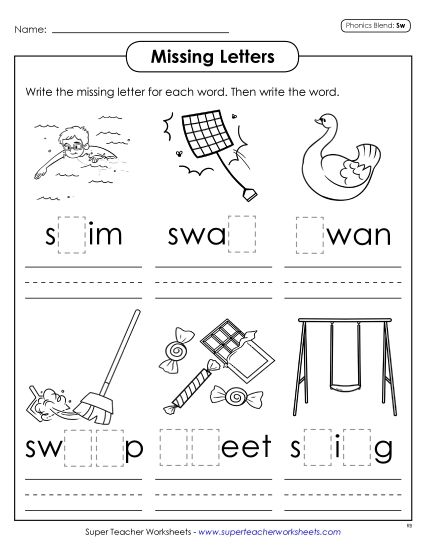 Worksheets - Missing Letters (Sw- Words) (Printable PDF Worksheet)