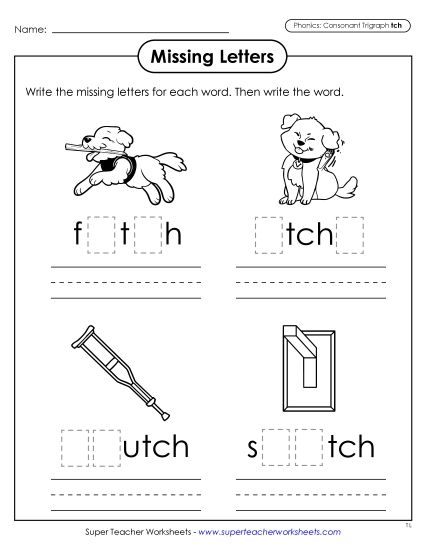 Worksheets - Missing Letters (-tch Words) (Printable PDF Worksheet)