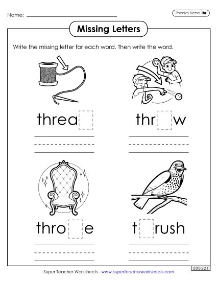 Worksheets - Missing Letters (Thr- Words) (Printable PDF Worksheet)