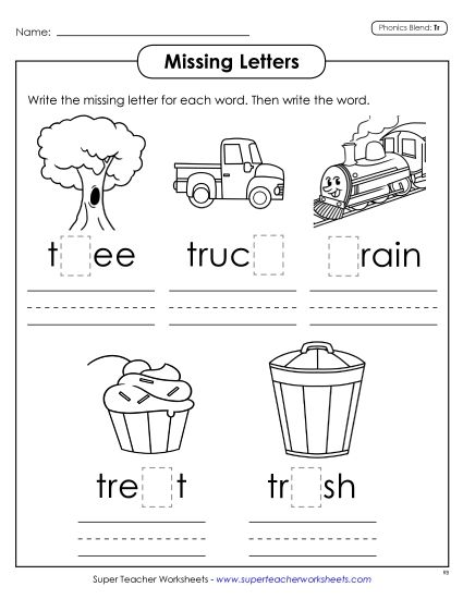 Worksheets - Missing Letters (Tr- Words) (Printable PDF Worksheet)