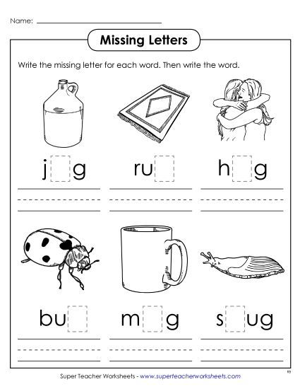 Worksheets - Missing Letters (-ug) (Printable PDF Worksheet)