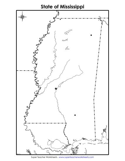 Maps - Mississippi State Map (Blank Cities) (Printable PDF Worksheet)