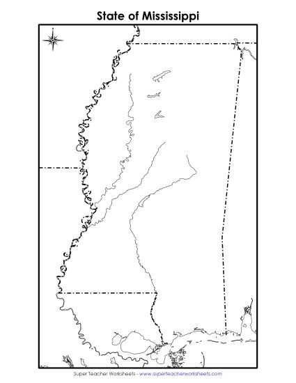 Maps - Mississippi State Map (Blank) (Printable PDF Worksheet)