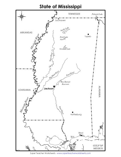 Maps - Mississippi State Map (Labeled) (Printable PDF Worksheet)