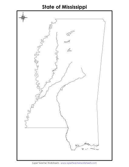 Maps - Mississippi State Map (No Bordering States) (Printable PDF Worksheet)