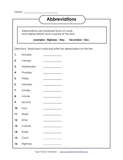Mixed Abbreviations - Mixed Abbreviations 2 (Printable PDF Worksheet)
