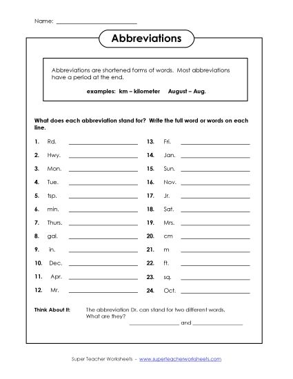 Mixed Abbreviations - Mixed Abbreviations (Printable PDF Worksheet)