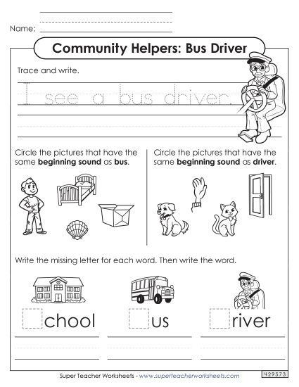 Early Literacy - Mixed Literacy Skills: Bus Driver (Printable PDF Worksheet)