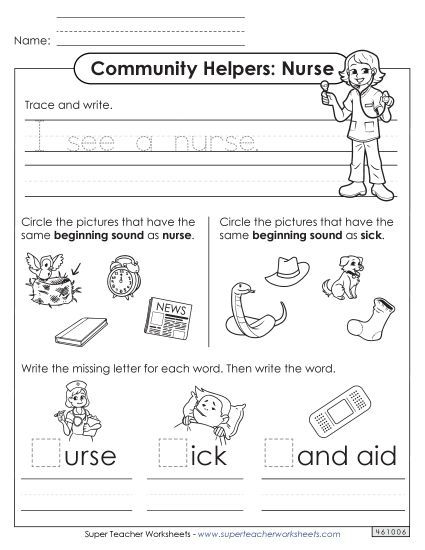Early Literacy - Mixed Literacy Skills: Nurse (Printable PDF Worksheet)