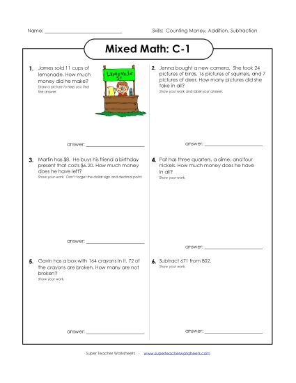 Mixed Math (Level C: Grade 3) - Mixed Math: C1 (Printable PDF Worksheet)