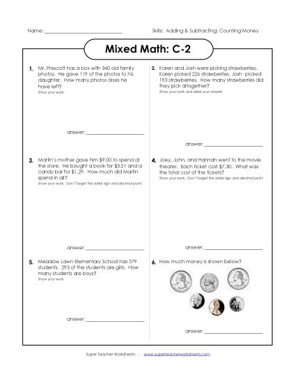 Mixed Math (Level C: Grade 3) - Mixed Math: C2 (Printable PDF Worksheet)