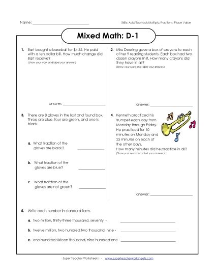 Mixed Math (Level D: Grade 4) - Mixed Math: D1 (Printable PDF Worksheet)
