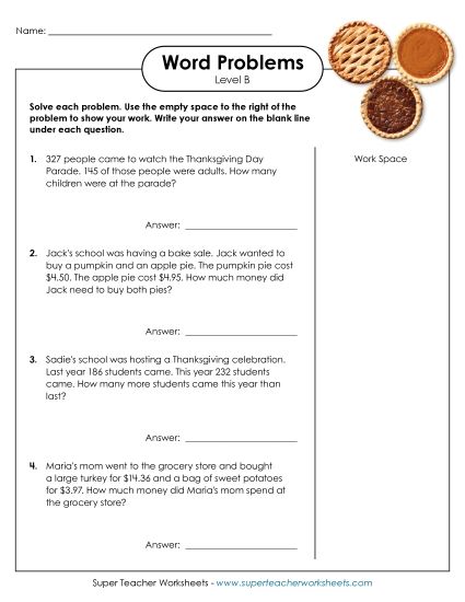Word Problems Mixed Math Skills - Mixed Math Word Problems (Level B) (Printable PDF Worksheet)