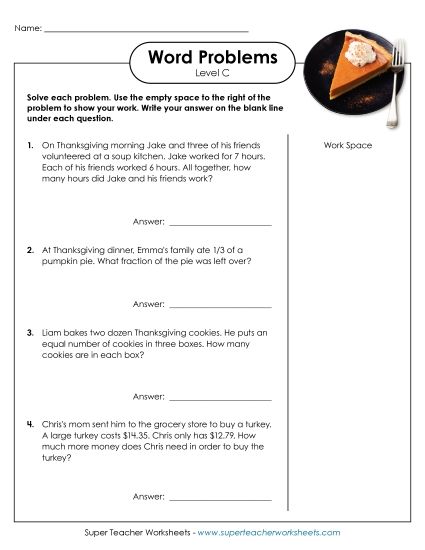 Word Problems Mixed Math Skills - Mixed Math Word Problems (Level C) (Printable PDF Worksheet)