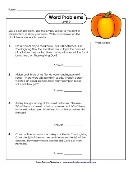 Word Problems Mixed Math Skills - Mixed Math Word Problems (Level D) (Printable PDF Worksheet)