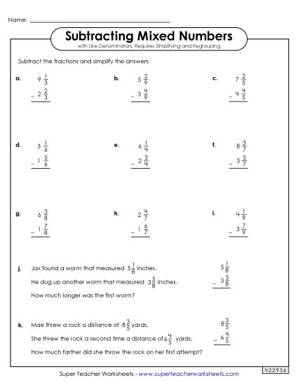 Subtracting Mixed Numbers: Same Denominators - Mixed Number Subtraction Practice (with Simplifying and Regrouping) (Printable PDF Worksheet)