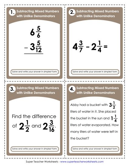 Fractions, Mixed Numbers, and Decimals - Mixed Number Subtraction (Unlike Denominators) (Printable PDF Worksheet)