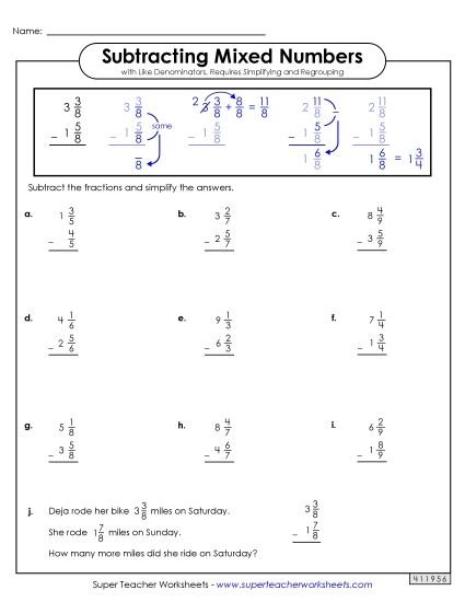 Subtracting Mixed Numbers: Same Denominators - Mixed Number Subtraction Worksheet 1 (with Simplifying and Regrouping) (Printable PDF Worksheet)