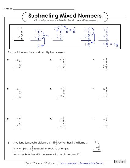 Subtracting Mixed Numbers: Same Denominators - Mixed Number Subtraction Worksheet 2 (with Simplifying and Regrouping) (Printable PDF Worksheet)