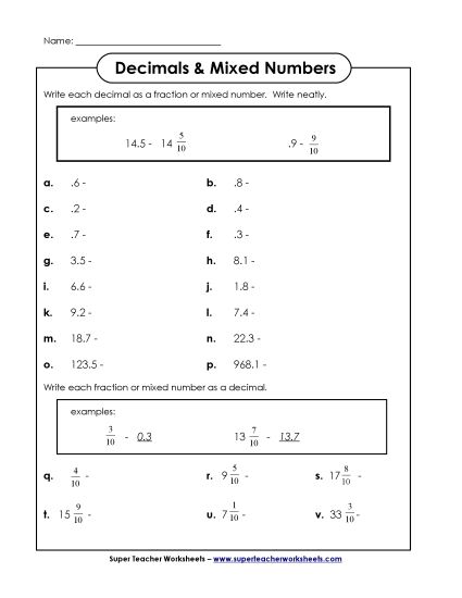 Tenths - Mixed Numbers to Decimals (Printable PDF Worksheet)