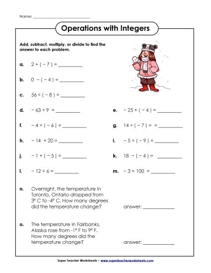 Mixed Operations - Mixed Operations w/ Integers (Printable PDF Worksheet)