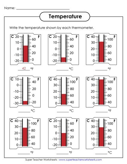Fahrenheit & Celsius - Mixed Thermometers (Printable PDF Worksheet)