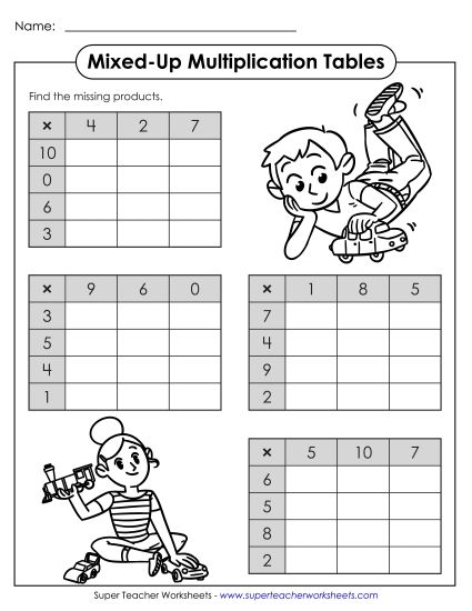 Multiplication 0-10 - Mixed-Up Multiplication Tables 0-10 (Missing Products) (Printable PDF Worksheet)