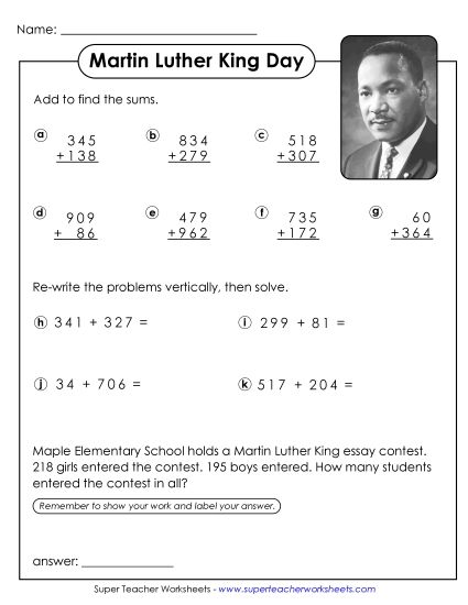 M.L.K. Math - M.L.K. Math - Adding (3-Digit Numbers) (Printable PDF Worksheet)