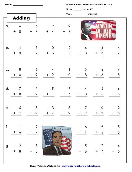 M.L.K. Math - M.L.K. Math - Adding (Basic) (Printable PDF Worksheet)