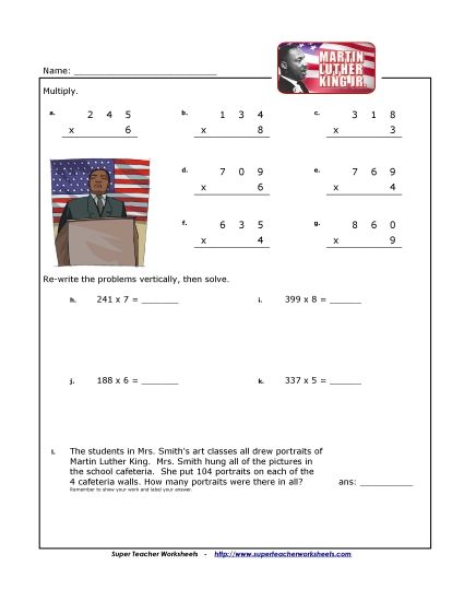 M.L.K. Math - M.L.K. Math - Multiplication (3-Digit Numbers) (Printable PDF Worksheet)