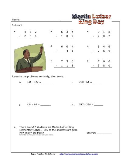 M.L.K. Math - M.L.K. Math - Subtraction (3-Digit Numbers) (Printable PDF Worksheet)