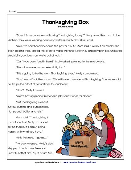 Thanksgiving Reading Comprehension - Molly's Thanksgiving Box  (Fiction) (Printable PDF Worksheet)