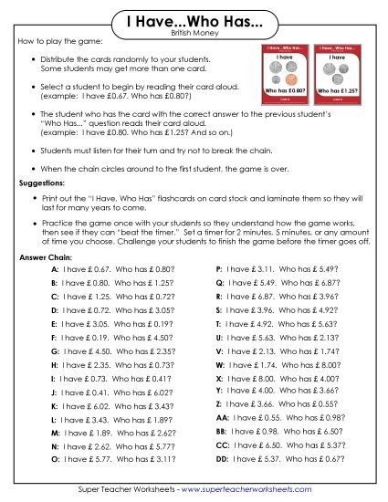 Math - Money (British / UK) (Printable PDF Worksheet)