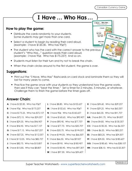 Mixed Coins & Bills - Money Game: "I Have / Who Has" (Mixed Coins & Bills) (Printable PDF Worksheet)