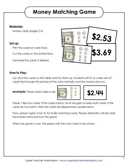 Amounts Up to $4 - Money Matching Game (Printable PDF Worksheet)