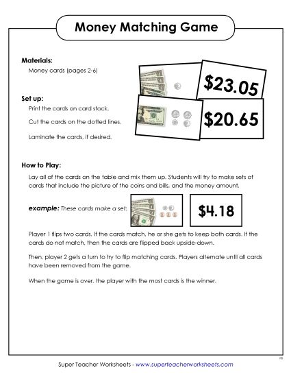Amounts Up to $50 - Money Matching Game (Printable PDF Worksheet)