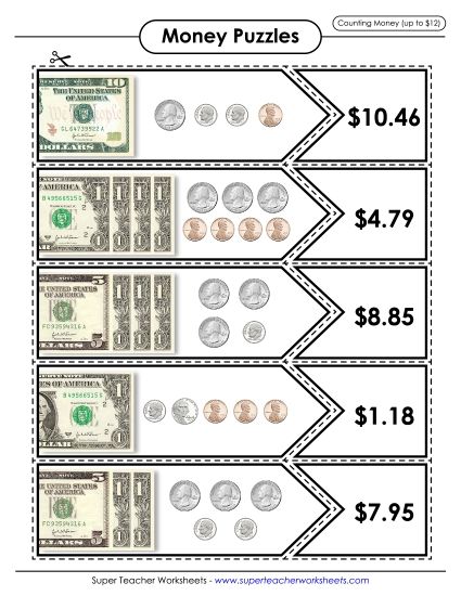 Amounts Up to $12 - Money Matching Puzzle (Up to $12) (Printable PDF Worksheet)