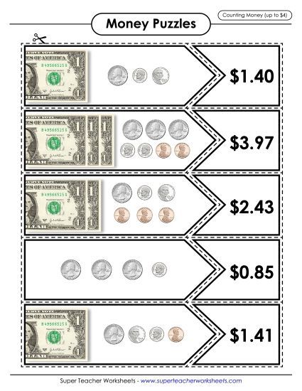 Amounts Up to $4 - Money Matching Puzzle (Up to $4) (Printable PDF Worksheet)