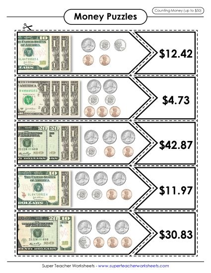Amounts Up to $50 - Money Matching Puzzle (Up to $50) (Printable PDF Worksheet)