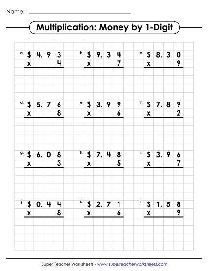 Money Times 1-Digit Worksheets - Money Multiplication: 1-digit Numbers (Printable PDF Worksheet)