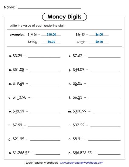 Money Place Value - Money Place Value (Printable PDF Worksheet)