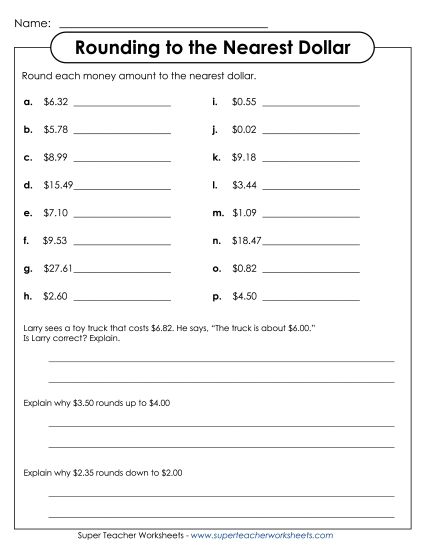 Money Rounding (Nearest Dollar) - Money - Rounding to the Nearest Dollar (Printable PDF Worksheet)