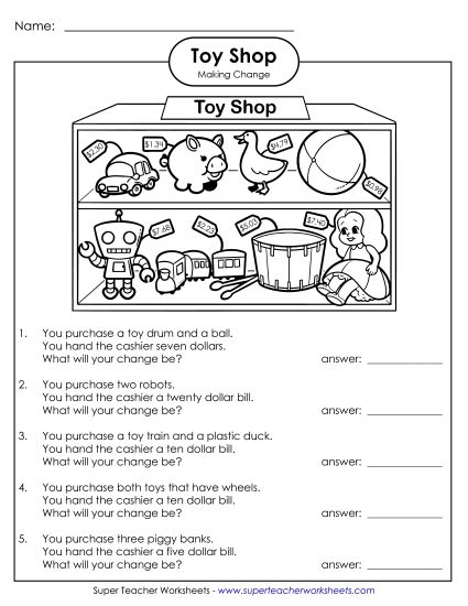 Subtracting Money Worksheets - Money Subtraction Across Zero: Toy Shop (Harder) (Printable PDF Worksheet)