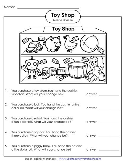 Subtracting Money Worksheets - Money Subtraction Across Zero: Toy Shop (Printable PDF Worksheet)