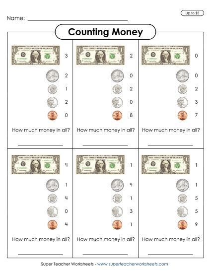 Mixed Coins and Bills - Money Totals (Printable PDF Worksheet)