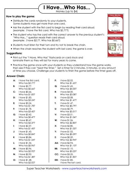 Math - Money (USA - up to $4) (Printable PDF Worksheet)