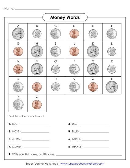 Coins Only (No Bills) - Money Words Game - 1 (Printable PDF Worksheet)
