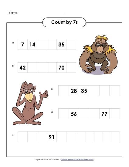 Skip Count by 7s - Monkey Counting (Printable PDF Worksheet)