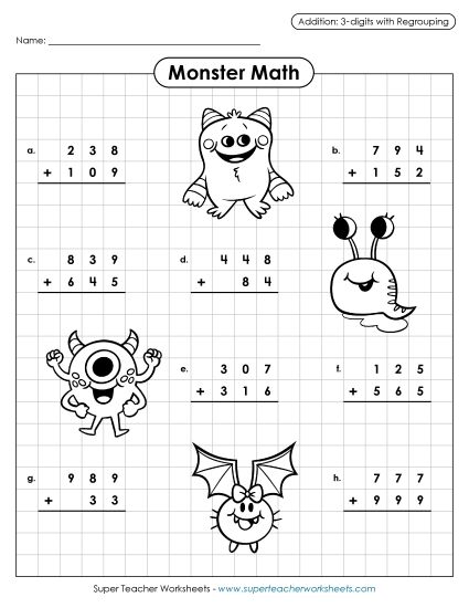 Addition - Monster Math (Addition: 3-Digits w/ Regrouping) (Printable PDF Worksheet)